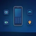 Classic keypad phone surrounded by icons for camera, battery, Wi-Fi and maps