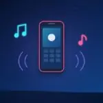Music phone with a glowing pink frame surrounded by musical notes and sound waves