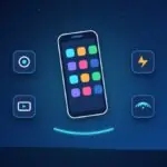 Slim curved Android smartphone with app icons, surrounded by camera, battery, video and Wi-Fi icons
