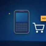 Smartphone with a full keyboard next to a shopping cart and a NEW tag