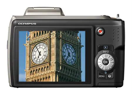Olympus SP-620UZ in silver, rear view with the LCD display