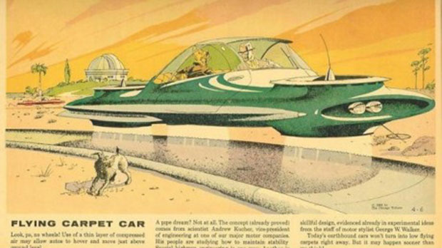 Concept of a flying car in 1950's science fiction movie fantasy