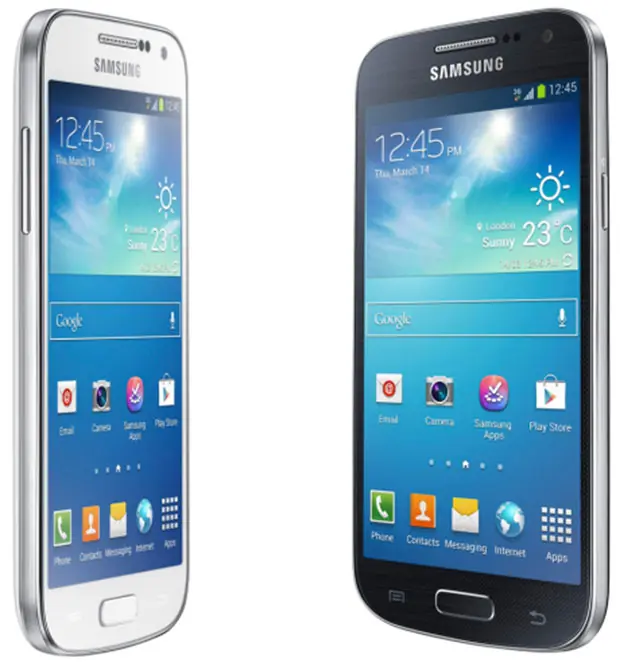 View from side of white and black color version of Samsung Galaxy S4 mini