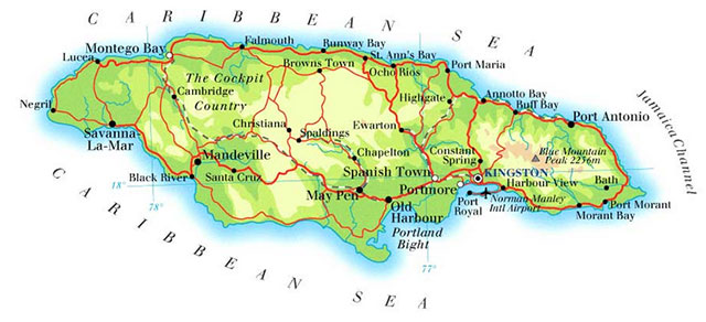 island map of tourist and travel destinations on Jamaica
