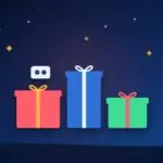 Three wrapped gift boxes with a small desk gadget and sparkles