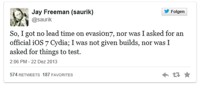 iOS Jailbreak developer Saurik on twitter for feedback of iOS 7 evasi0n JB