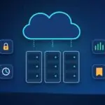 Cloud above a row of servers with icons for security, uptime, performance and support