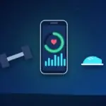 Phone with a fitness activity ring and step chart between a dumbbell and a running shoe