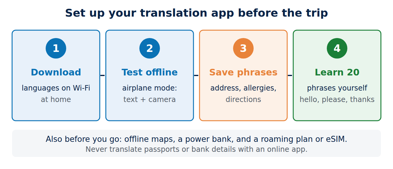 Four steps to set up a translation app before a trip: download languages on Wi-Fi, test offline in airplane mode, save key phrases, and learn about 20 phrases yourself.