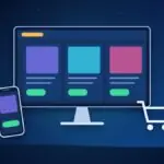 Online shop on a monitor with product cards, a mobile version and a shopping cart