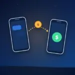 Coin moving from a chat on one phone to a payment on another phone