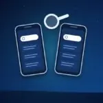 Two phones with a search bar and results under a magnifying glass
