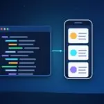 Source code window next to a phone with assistant cards for weather, transit and calendar