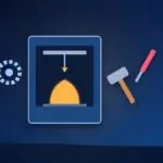 3D printer printing an object next to a hammer, a screwdriver and a gear