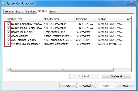 Startup configuration window