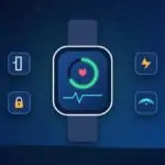 Smartwatch with a heart-rate ring surrounded by icons for sensors, battery, privacy and connectivity