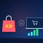 Shopping bag with a discount tag versus a laptop with an online cart and rising sales bars
