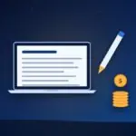 Laptop with an article draft, a pen and a stack of coins