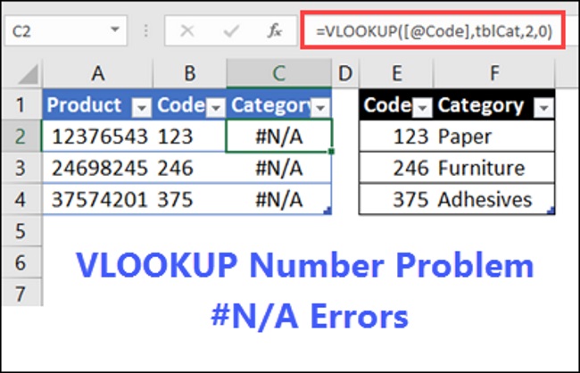 How to fix a #N/A error in the VLOOKUP function