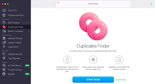duplicates finder tab with the start scan option
