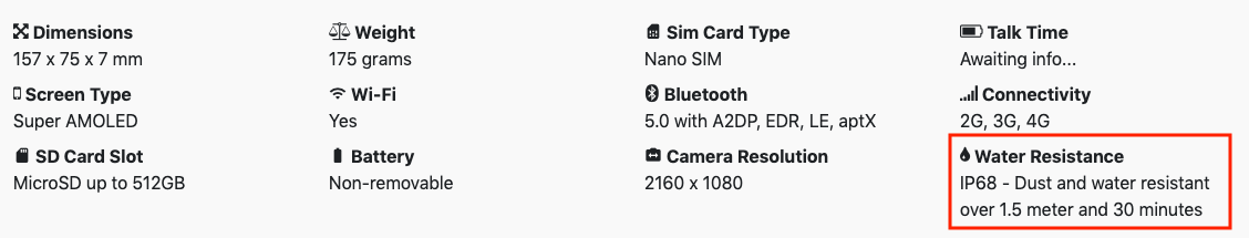 S10 Specs device properties