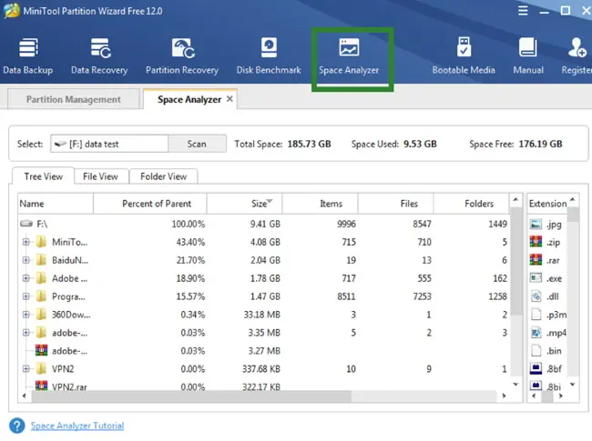 Launch MiniTool Partition Wizard Free Edition to enter its main interface. Click on Space Analyzer features