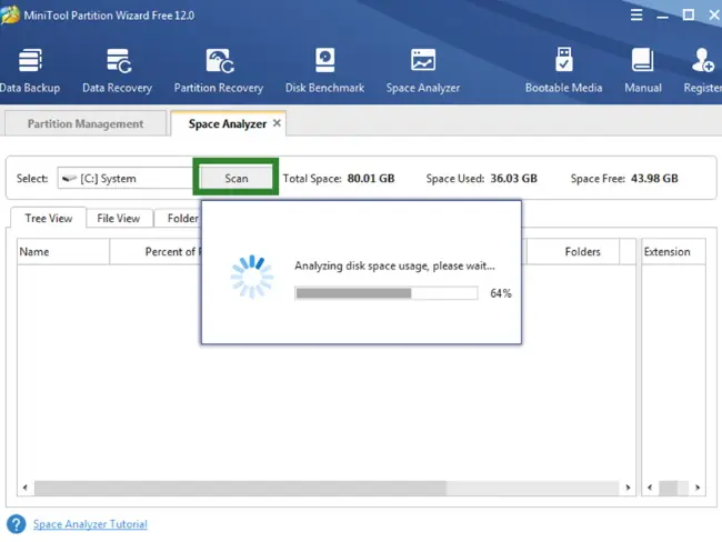 On Space Usage Analyzer box, choose the drive that you would like to analyze and click Scan