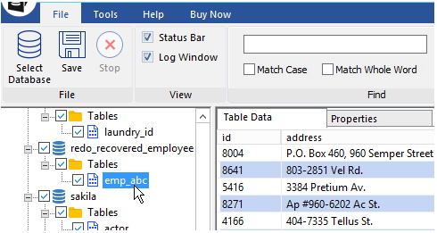 A screen showing a preview of the repaired databases and tables is displayed on the left pane