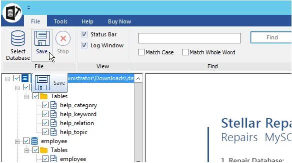 press the 'Save' button from the main menu to save the repaired database(s) and tables data