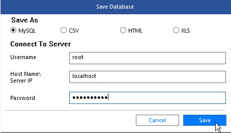 provide the necessary details to save the repaired database and its restored tables directly to the MySQL Server instance