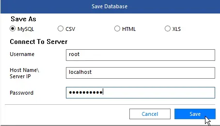 provide the necessary details to save the repaired database and its restored tables directly to the MySQL Server instance