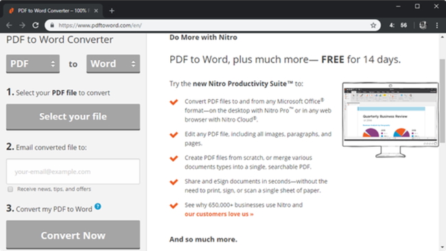 Nitro online PDF to Word Converter allows uploading multiple files 