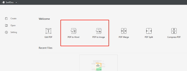 Open up SwifDoo PDF, then click PDF to Word or PDF to Image in the home tab to access SwifDoo PDF Converter