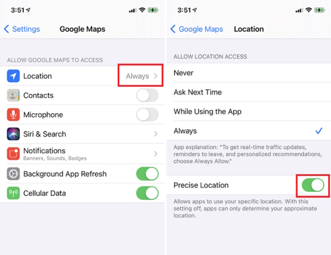check the location preferences for the application, navigate to Settings > Google Maps > Location