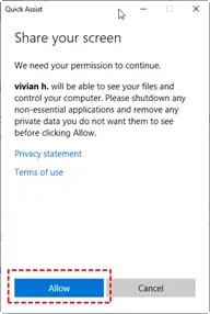 Choose Get assistance, input the security code and click Share screen