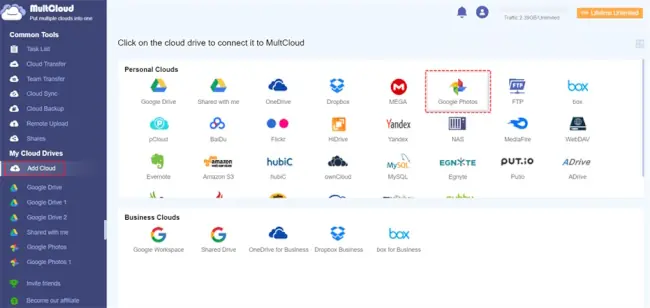 Tap Add Cloud, and then Google Photos to add. Then add Google Drive in the same way