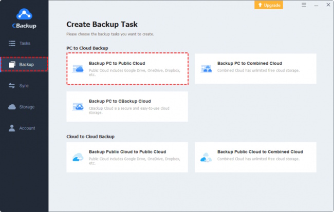 Choose the Backup option on the left menu. Then hit Backup PC to Public Cloud