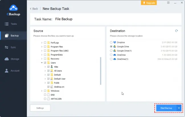 choose the Start Backup button to begin the cloud backup task for PC data right now