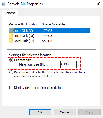 Recycle Bin properties with the maximum storage size setting
