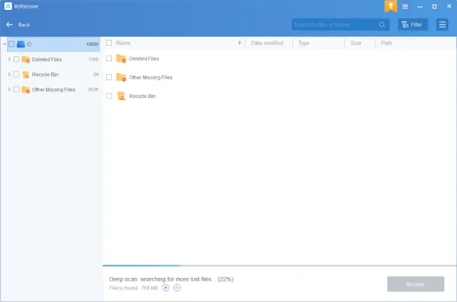 The recovery tool scanning the drive for deleted files