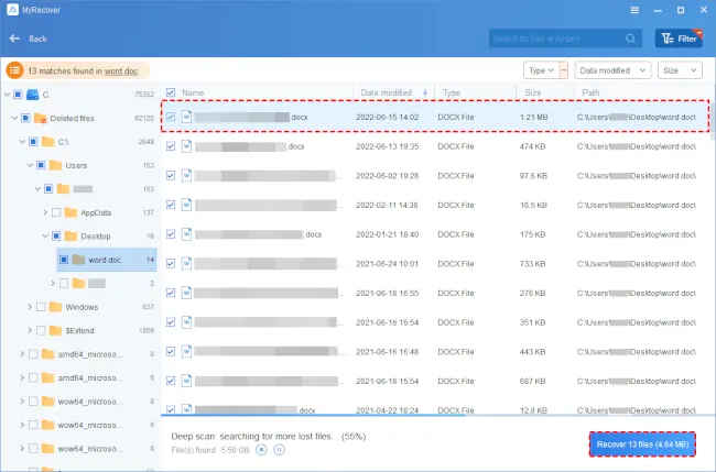Selecting deleted Word files and clicking Recover