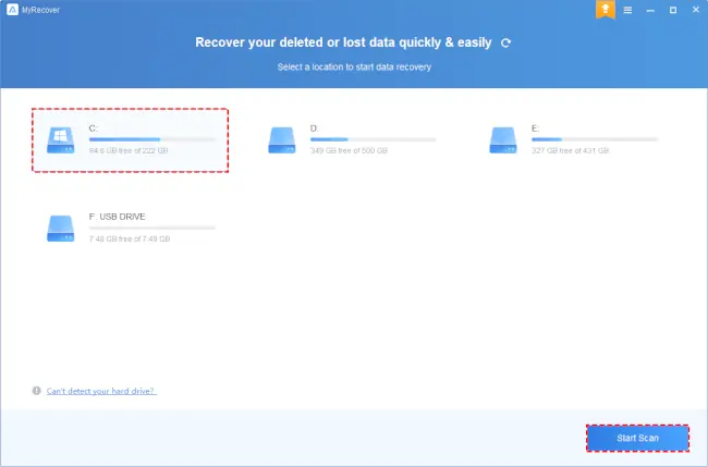 Choosing the drive or folder to scan in the recovery tool