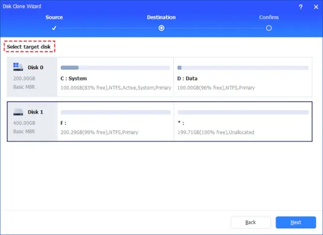 Step 3. Select the destination disk to store the data on the source disk, and then click "Next".