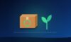 Shipping box with a recycling symbol next to a growing green sprout