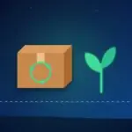 Shipping box with a recycling symbol next to a growing green sprout