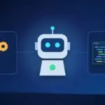 Illustration with an AI robot, gears and a code editor