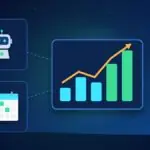 Illustration with a rising chart, an AI robot and a calendar