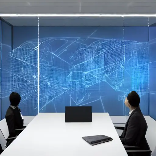 A bustling corporate conference room with a holographic AI dashboard projected onto a glass wall, executives in business attire watching data streams, neon blue and silver lighting