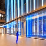 A bustling modern corporate lobby at dusk, illuminated by soft blue LED strips, where holographic AI agents in translucent, semi-transparent suits converse with employees. The scene captures a diverse group of professionals—men and women of variou…