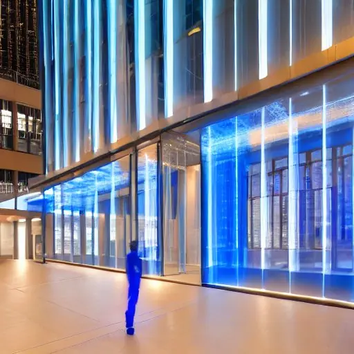 A bustling modern corporate lobby at dusk, illuminated by soft blue LED strips, where holographic AI agents in translucent, semi-transparent suits converse with employees. The scene captures a diverse group of professionals—men and women of variou…